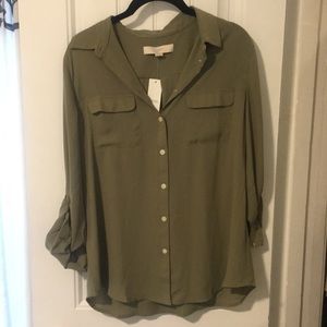 NWT Moss Green Silky Button Down Blouse